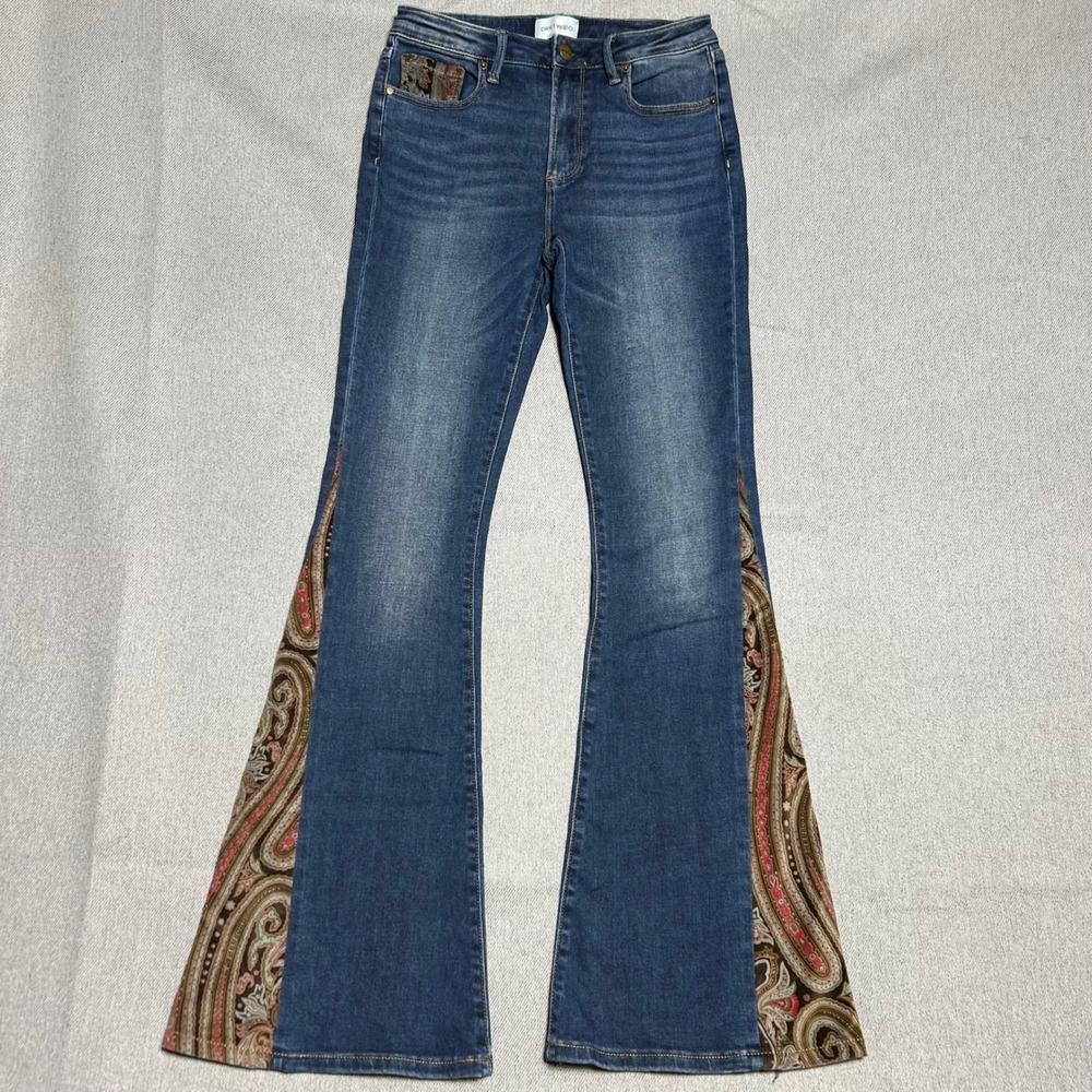 Driftwood Womens Farrah Paisley Flare Jeans Size 26 Blue Boho Velvet Inset
